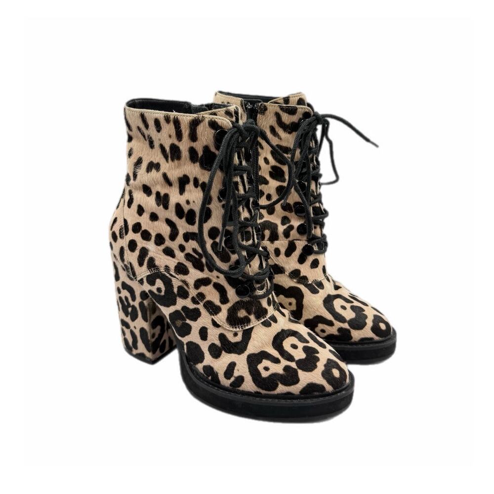 Linea Paolo Tan Black Leopard Print Lace Up Mid Heel Real Fur Printed Booties